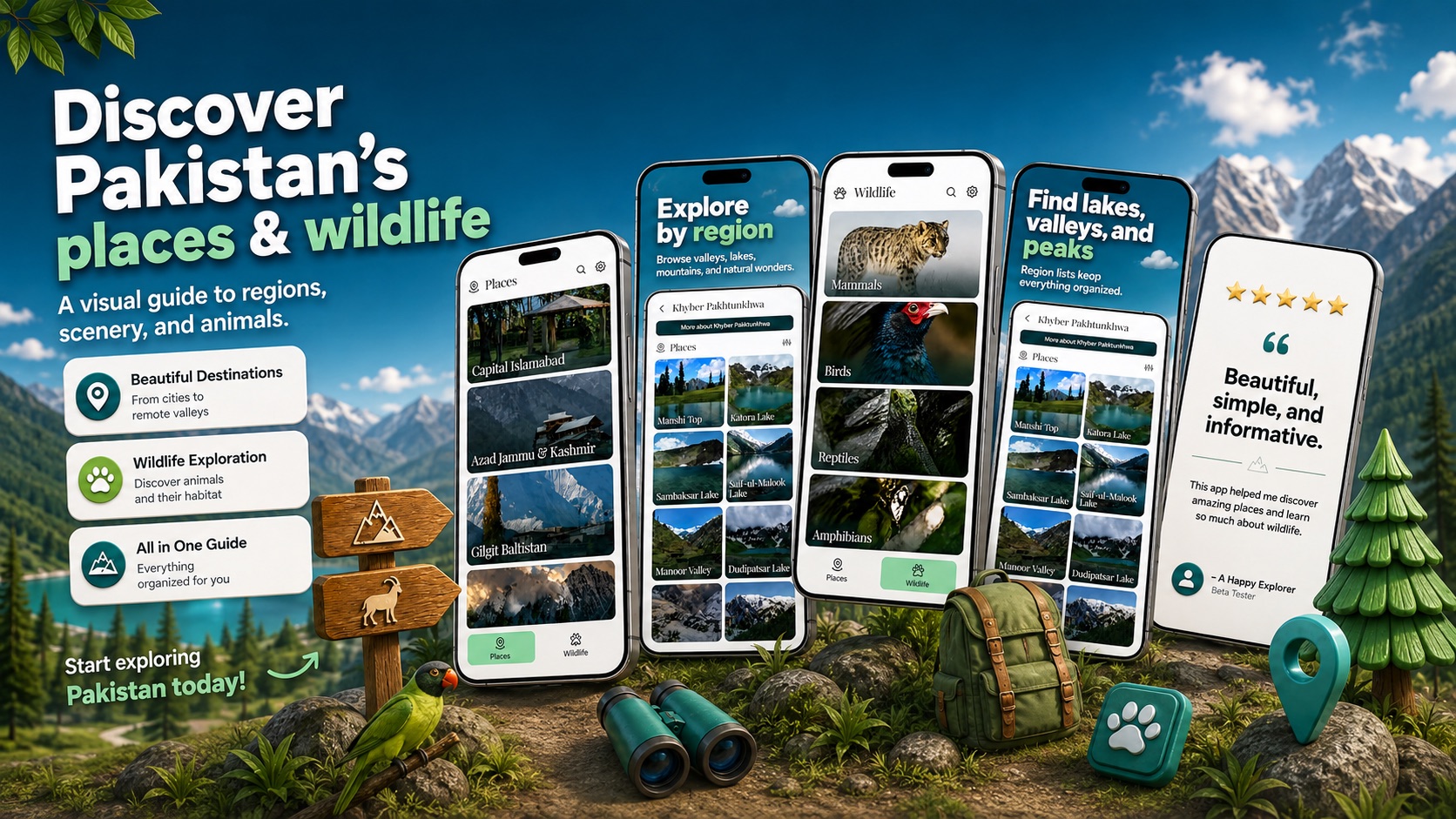 Beautiful Pakistan shown on four phones: places browsed by region, wildlife grouped by mammals, birds and reptiles, and lists of lakes and valleys.